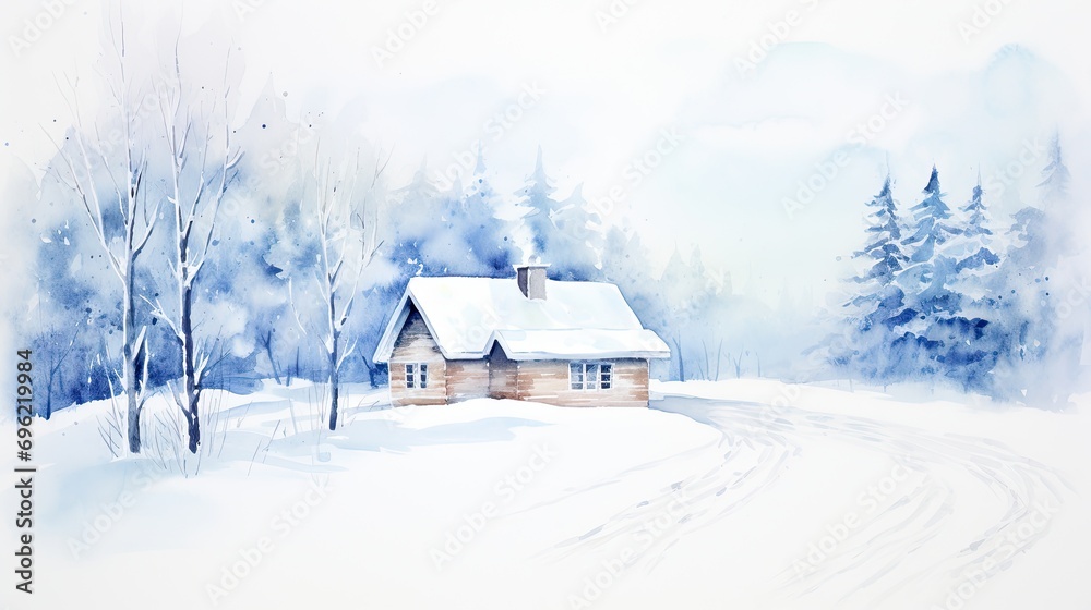 A cozy log cabin in a snowy landscape
