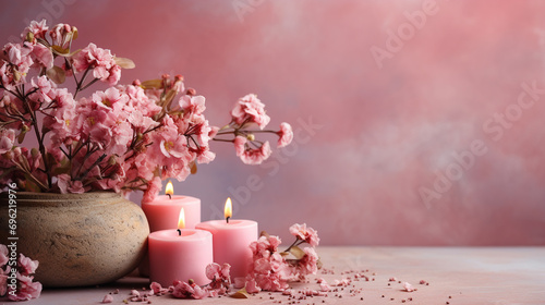 Valentine's Day Candles Background with Gorgeous Pastel Flowers - On Romantic Textured Pink Vintage Backdrop - With Copy Space - Side Angle photo