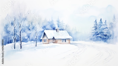A cozy log cabin in a snowy landscape