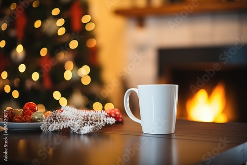 steaming cocoa in white mug beside fireplace