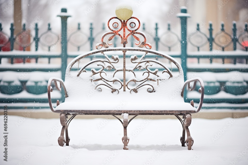 ornate iron bench with intricate snow patterns