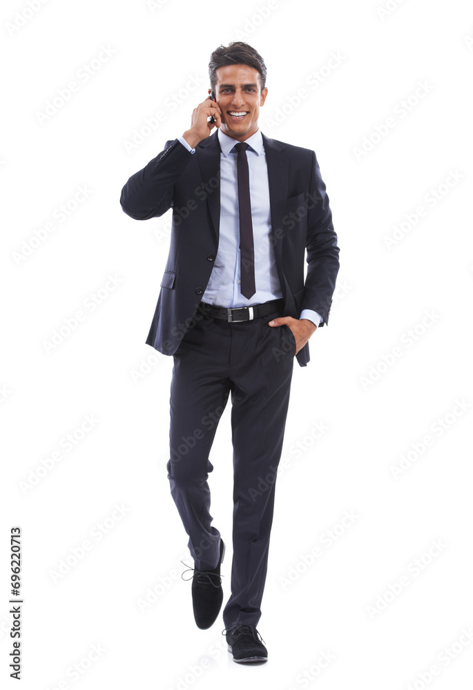 Business man, phone call and portrait in studio for communication, consulting and contact on white background. Happy corporate worker walking with mobile for conversation of advice, feedback and news Business man, phone call and portrait in studio for communication, consulting and contact on white background. Happy corporate worker walking with mobile for conversation of advice, feedback and news