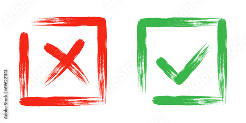 Dirty grunge cross x and tick OK check marks in check boxes, hand drawn with brush strokes vector illustration.