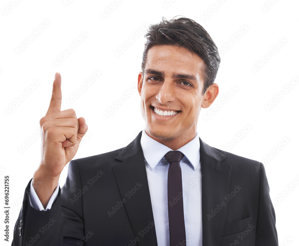 Businessman, portrait and happy in studio with pointing up for presentation, advertising and information. Entrepreneur, person or face for marketing, announcement or showing offer on white background Businessman, portrait and happy in studio with pointing up for presentation, advertising and information. Entrepreneur, person or face for marketing, announcement or showing offer on white background