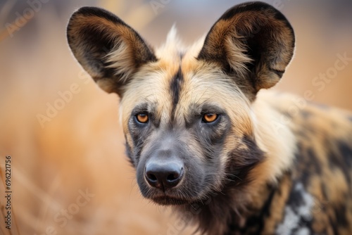 close-up of wild dog with intense gaze during hunt