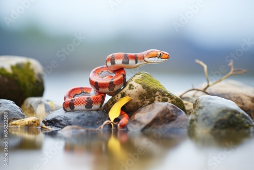 corn snake climbing over smooth river rocks