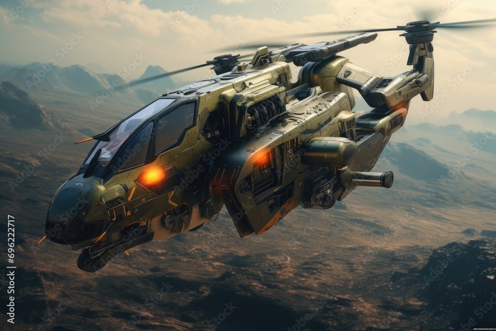 Futuristic helicopter flying over mountain and helicopter in firing Ai generated Futuristic helicopter flying over mountain and helicopter in firing Ai generated