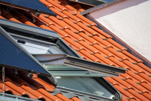 Geöffnetes Dachfenster an einem neuen Ziegeldach mit Solarkollektoren photo