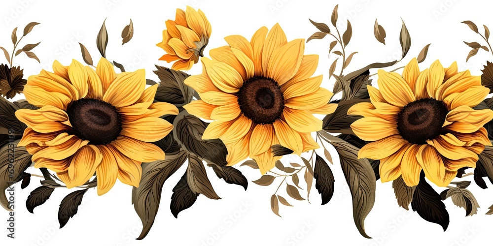 Sunflower Border - Artistic and decorative illustration of sunflowers - obrazy, fototapety, plakaty 