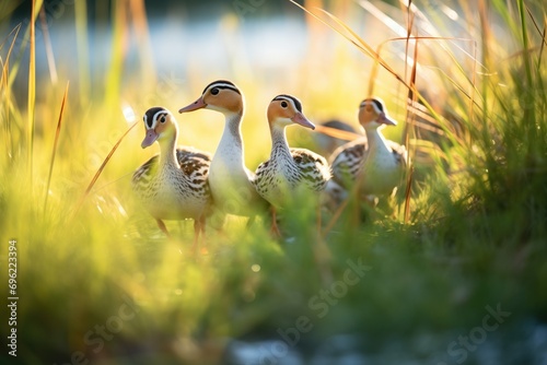 sunlit group of ducks casting shadows in the grass