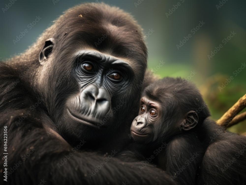 A mother gorilla and her baby gorilla. Generative AI. A mother gorilla and her baby gorilla. Generative AI.