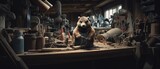 A bear sitting on a table in a workshop. Generative AI.