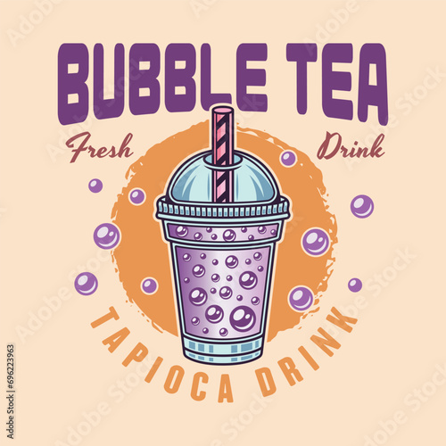 Bubble tea cup vector emblem in colored style on light background