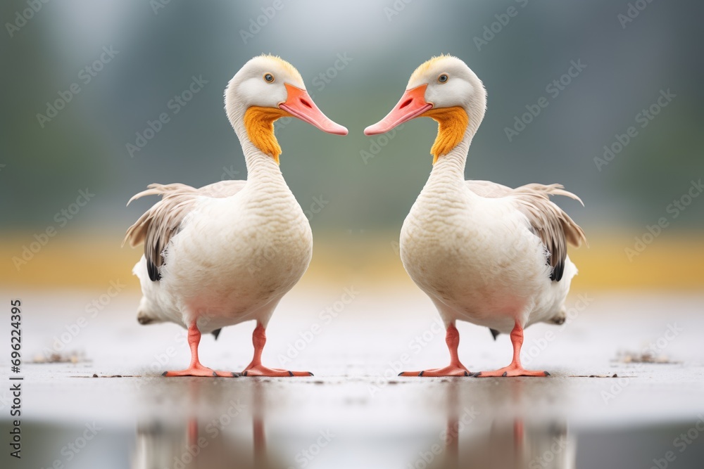 two geese facing each other honking