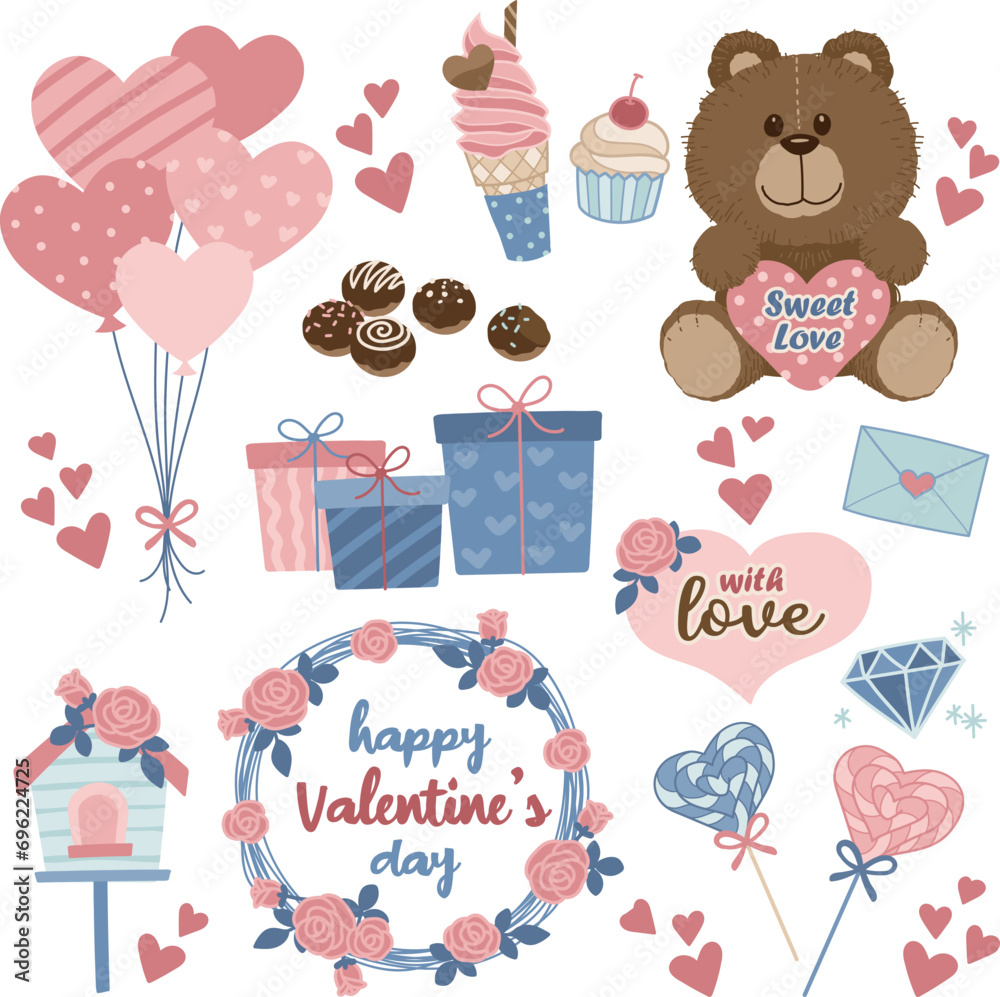 Cute Valentine's Day illustration with balloons, ice cream, chocolate balls, gifts, teddy bears, bird houses, wreaths, lollipops, diamonds