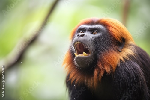 close-up of a howler monkey mid-roar in a rainforest photo