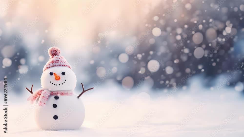 Cheerful Snowman in Winter Wonderland with Sparkling Snowfall and Copy Space - Looping Cheerful Snowman in Winter Wonderland with Sparkling Snowfall and Copy Space - Looping
