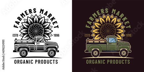 Farmers market vector emblem, badge, label with pickup car and sunflower in two styles black on white and colored