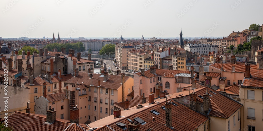 old Lyon district view from the hill on the roofs and streets