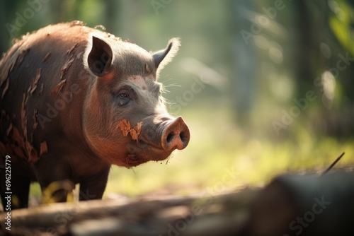 wild pig with dirty snout in sunlight