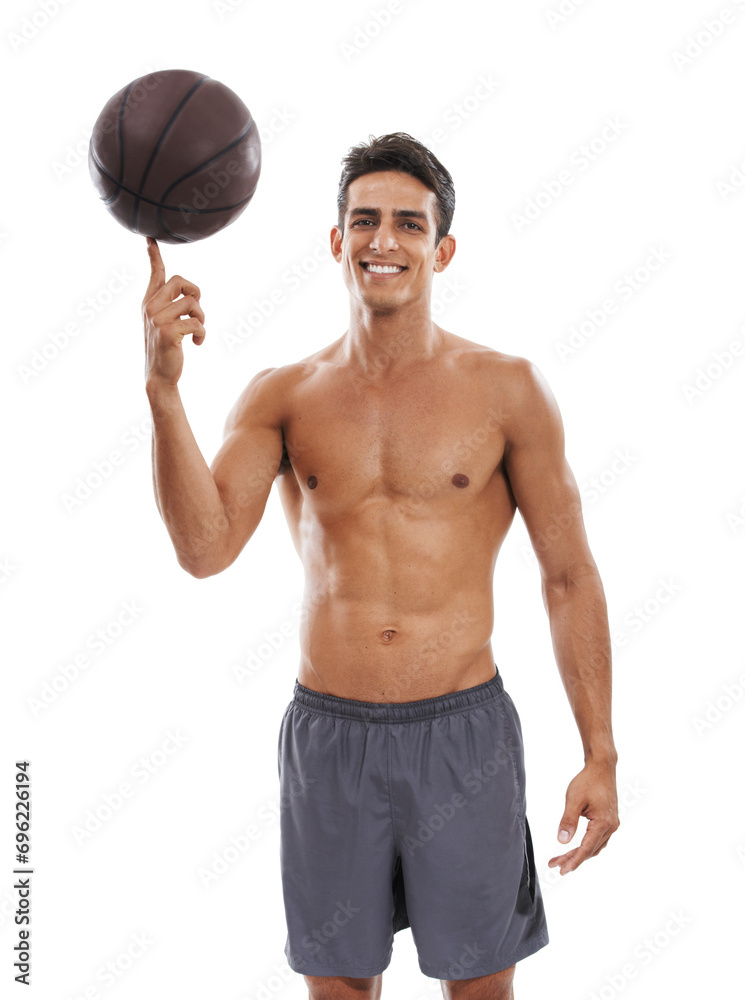 Man, portrait and basketball on finger ready for game, match or sports against a white studio background. Active male person or athlete smile with ball for fitness, skill or style on mockup space Man, portrait and basketball on finger ready for game, match or sports against a white studio background. Active male person or athlete smile with ball for fitness, skill or style on mockup space