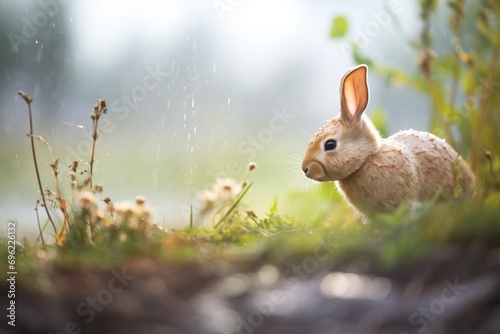 dewy morning with rabbit finishing burrow