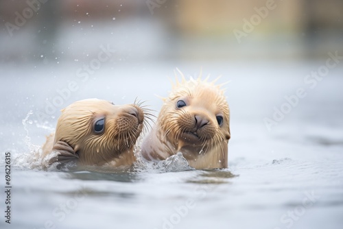 juvenile sea lions playing by the water