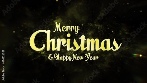 Merry Christmas and happy new year text reveal, golden and sparkling with dust particles on a black background