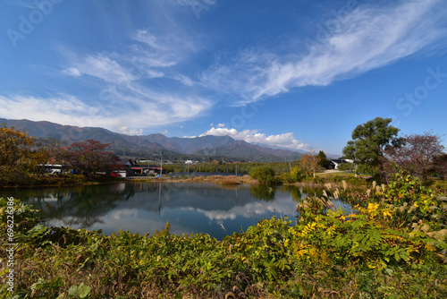 Fototapeta Naklejka Na Ścianę i Meble -  松川から眺める中央アルプスの木曽駒ケ岳