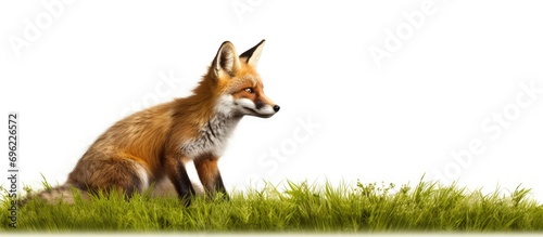 Fox with large ears crouches on grass, facing right. photo
