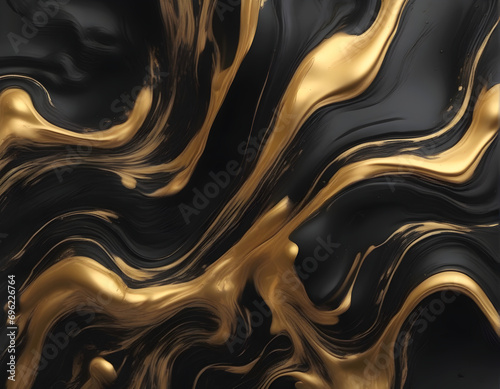 Black and gold liquid is flowing to make the background. photo