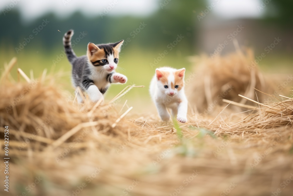 kittens chasing each other in hay