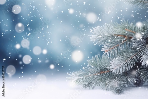 Winter background image branches snow bokeh chirstmas background.