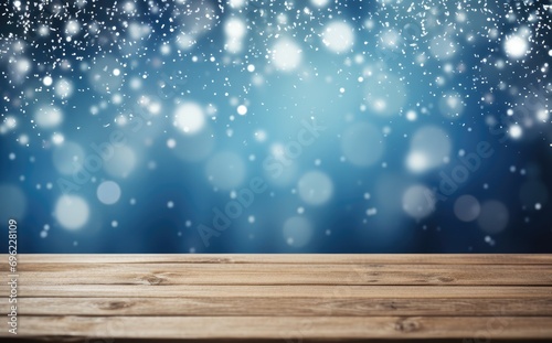 Winter snow blurred wooden floor product presentation background blue tone.
