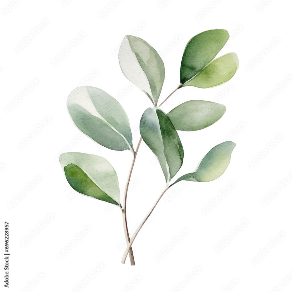 Watercolor illustration of a green leaves brunch isolated on background. PNG transparent background.
