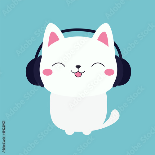 Cute cat in black headphones earphones. Kitten listen to music with closed eyes, pink tongue, ears, tail. Cartoon kawaii funny baby pet character. Happy face head. Flat design. Blue background.