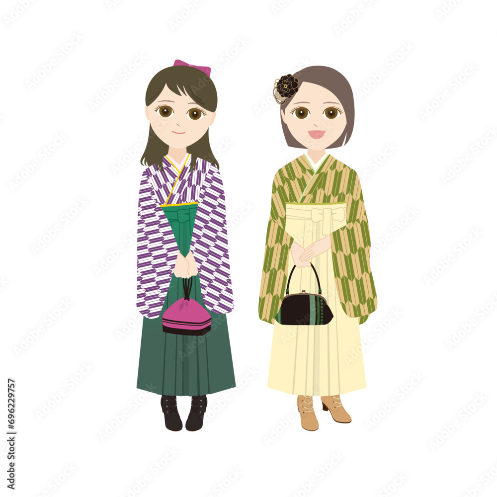 バッグや巾着を持つ袴姿の女性二人 バッグや巾着を持つ袴姿の女性二人