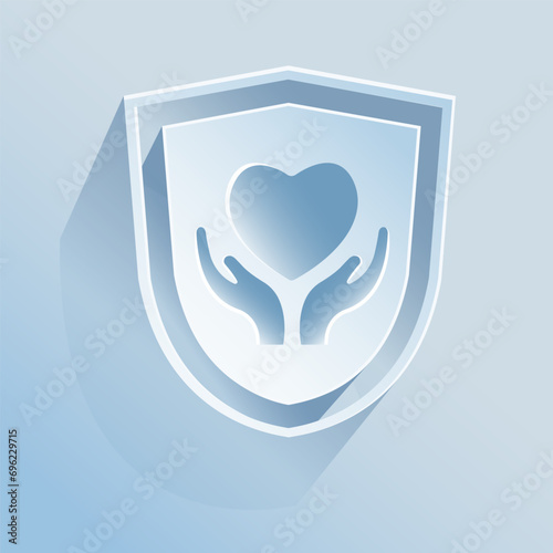 Cardiac arrhythmia, life insurance.
The shield icon is made of paper on a blue background.
Medicine, Safety, life insurance. A vector image.