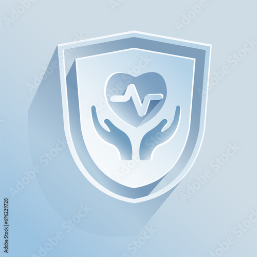 Cardiac arrhythmia, life insurance.
The shield icon is made of paper on a blue background.
Medicine, Safety, life insurance. A vector image.