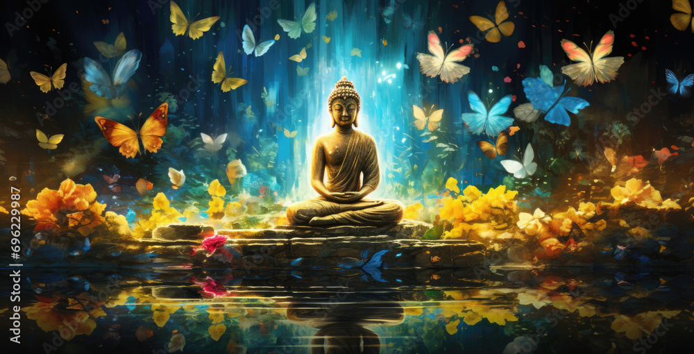 a painting glowing golden buddha and multi colored butterflies - obrazy, fototapety, plakaty 