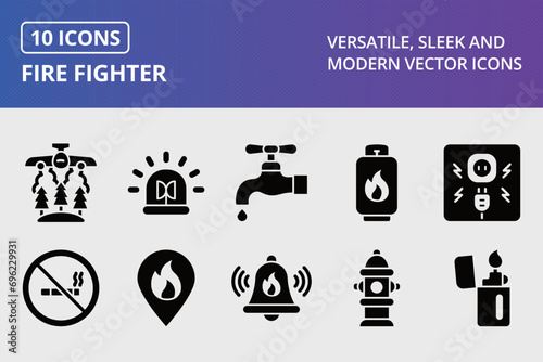 Fire Fighter Glyph Icons Set