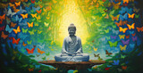 a painting glowing golden buddha and multi colored butterflies
