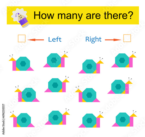 Left or Right. Logic game for kids. Count how many snails are turned left and how many are turned right.