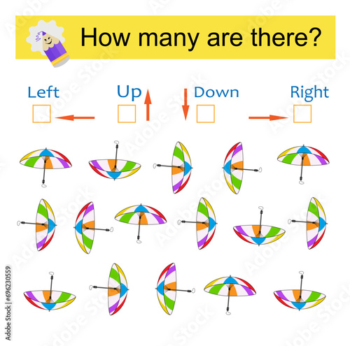 Left or Right. Logic game for kids. Count how many umbrellas are turned left and how many are turned right, also up and down.