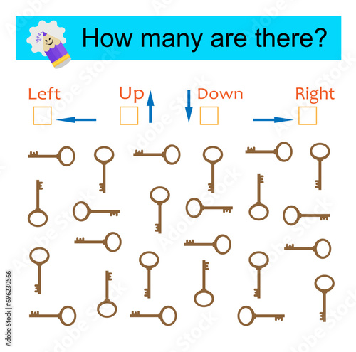 Left or Right. Logic game for kids. Count how many keys are turned left and how many are turned right, also up and down.