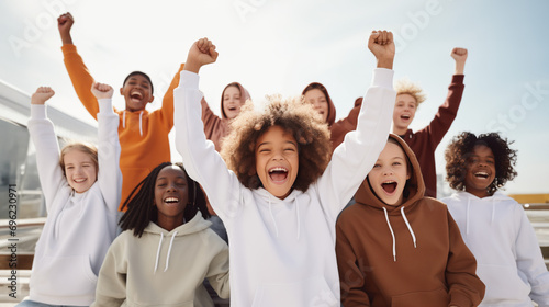 Group of children wearing hoodies and sweatshirt together smiling looking at camera raising hands in success gesture, teenagers apparel mockup, kids fashion, outdoors photo, classmates photo
