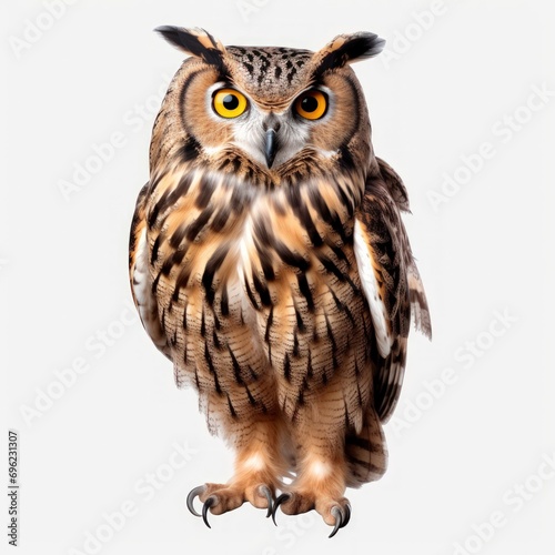 Close-up of an owl against a white background.