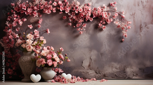 Beautiful Valentine's Day Flowers Arranged in Archway/Arched Backdrop - On Textured, Pink Pastel Backdrop - Romantic Aesthetic photo