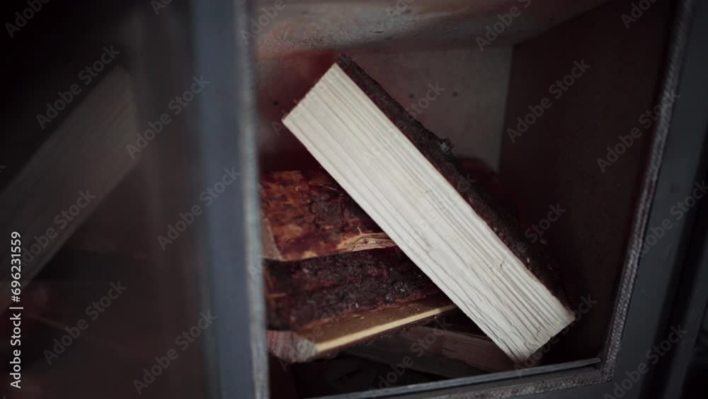 Wood Pieces are Being Incinerated in the Firebox in Indre Fosen, Trondelag County, Norway - Close Up Wood Pieces are Being Incinerated in the Firebox in Indre Fosen, Trondelag County, Norway - Close Up