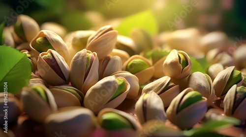 Close up of pistachio nuts with shallow depth of field. photo